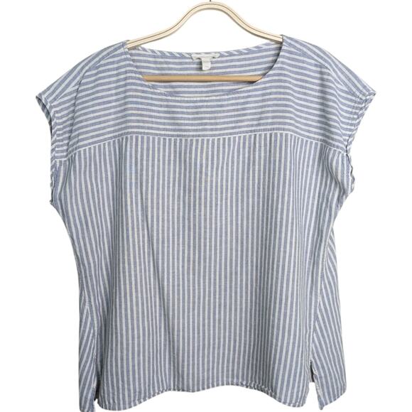 Eileen Fisher Top Medium Blue Striped Pullover Boxy Hemp Organic Cotton Cap Slee - Picture 8 of 8